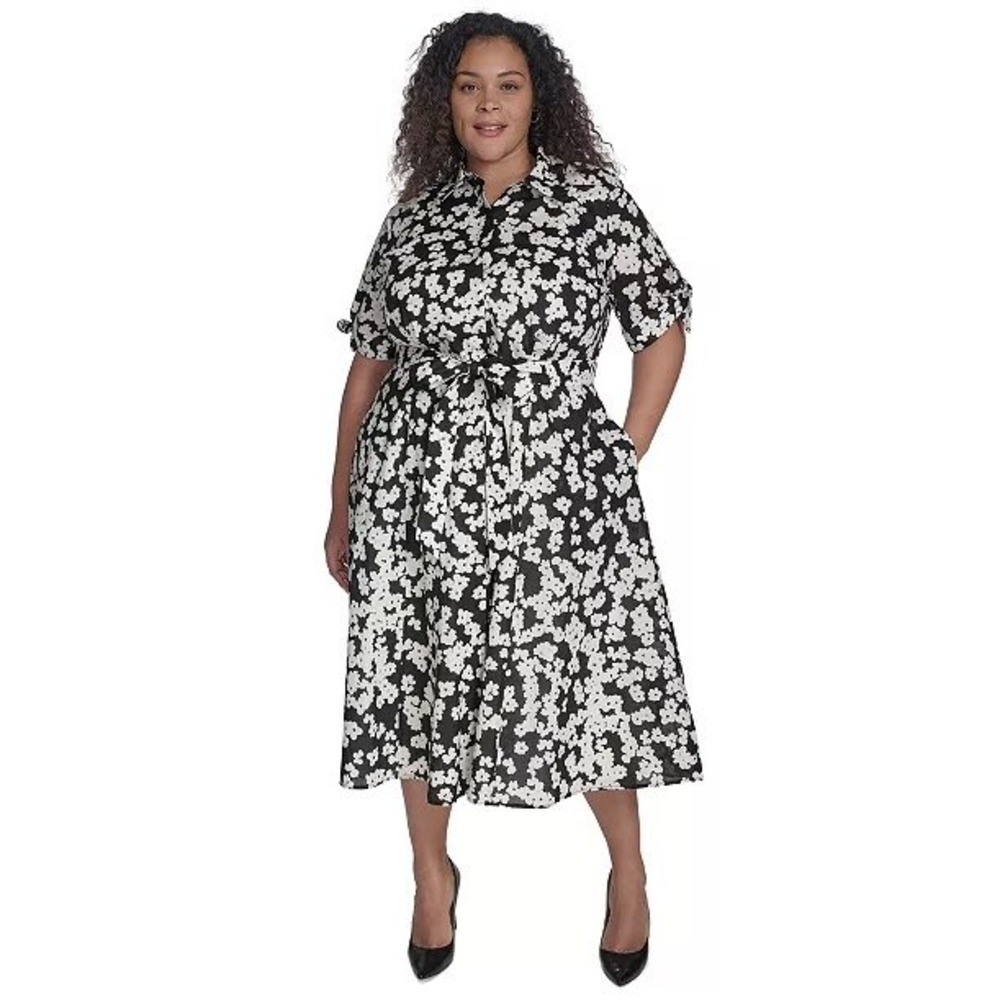 Calvin Klein Floral Midi Shirt Dress BlackPrint Button Front Tie Waist Plus Size